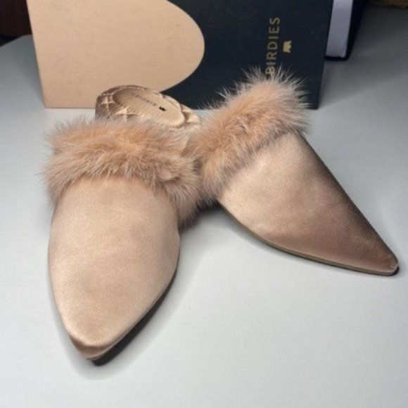 Birdies The Dove French Rose Slip On Mink Fur Pointed Toe Mules - Picture 2 of 7